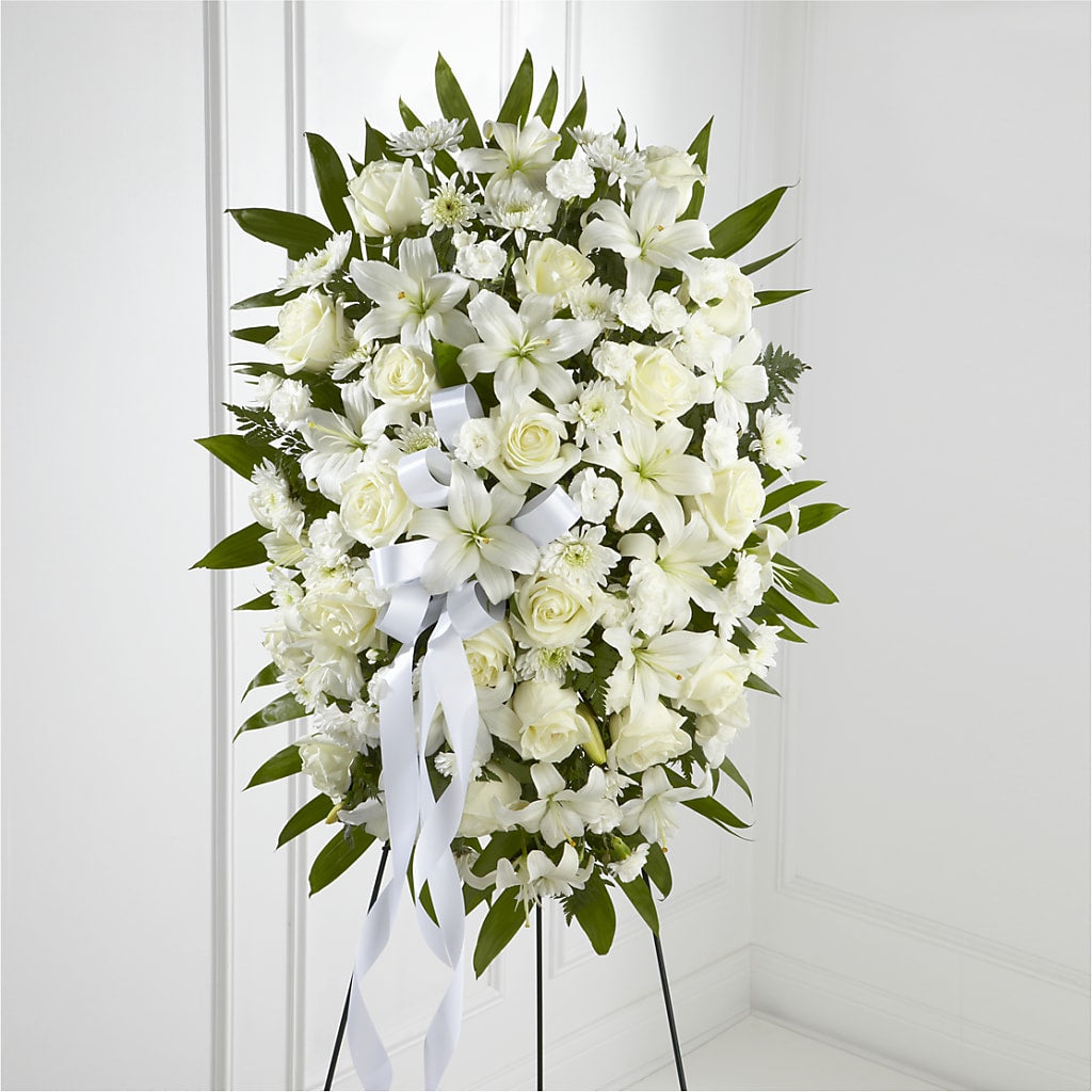 Exquisite Tribute Standing Spray-White Ribbon – Oopsie Daisy Llc, Berlin NJ