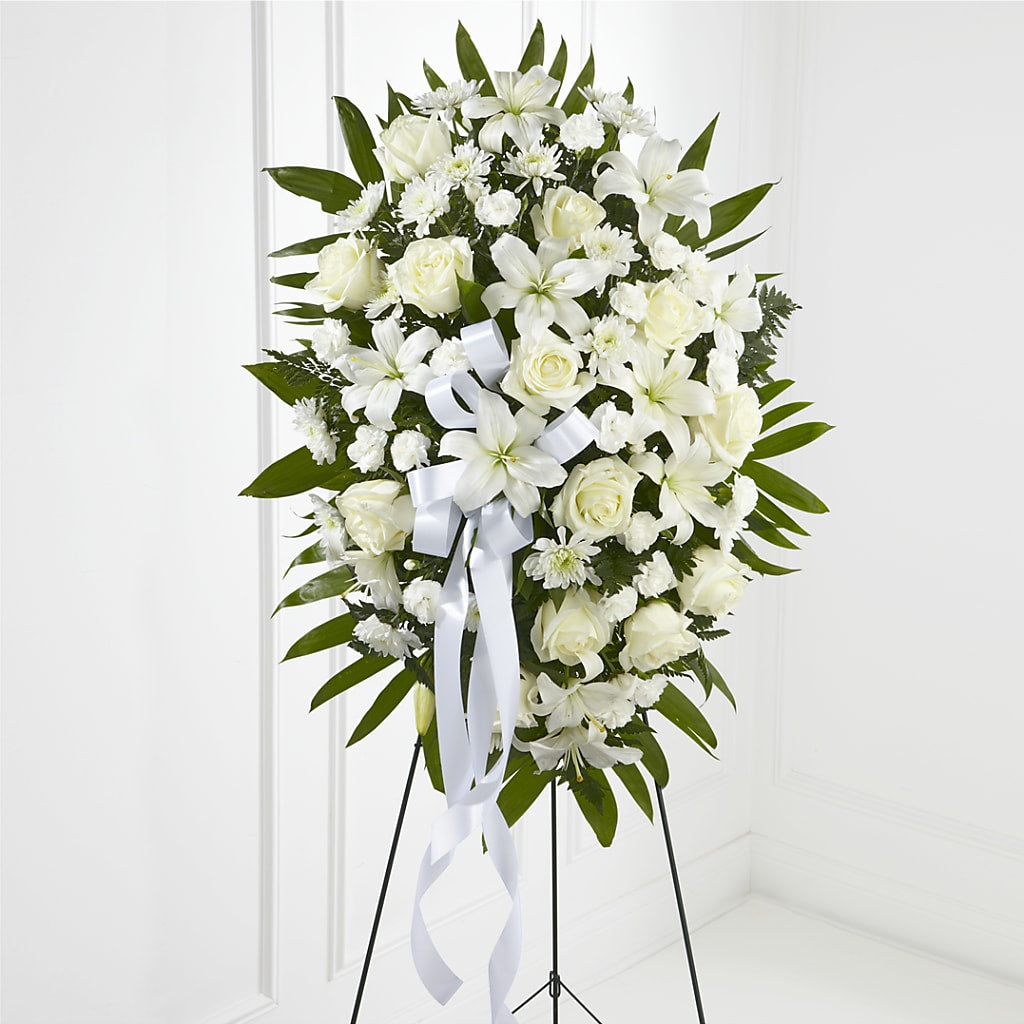 Exquisite Tribute Standing Spray-White Ribbon – Oopsie Daisy Llc, Berlin NJ